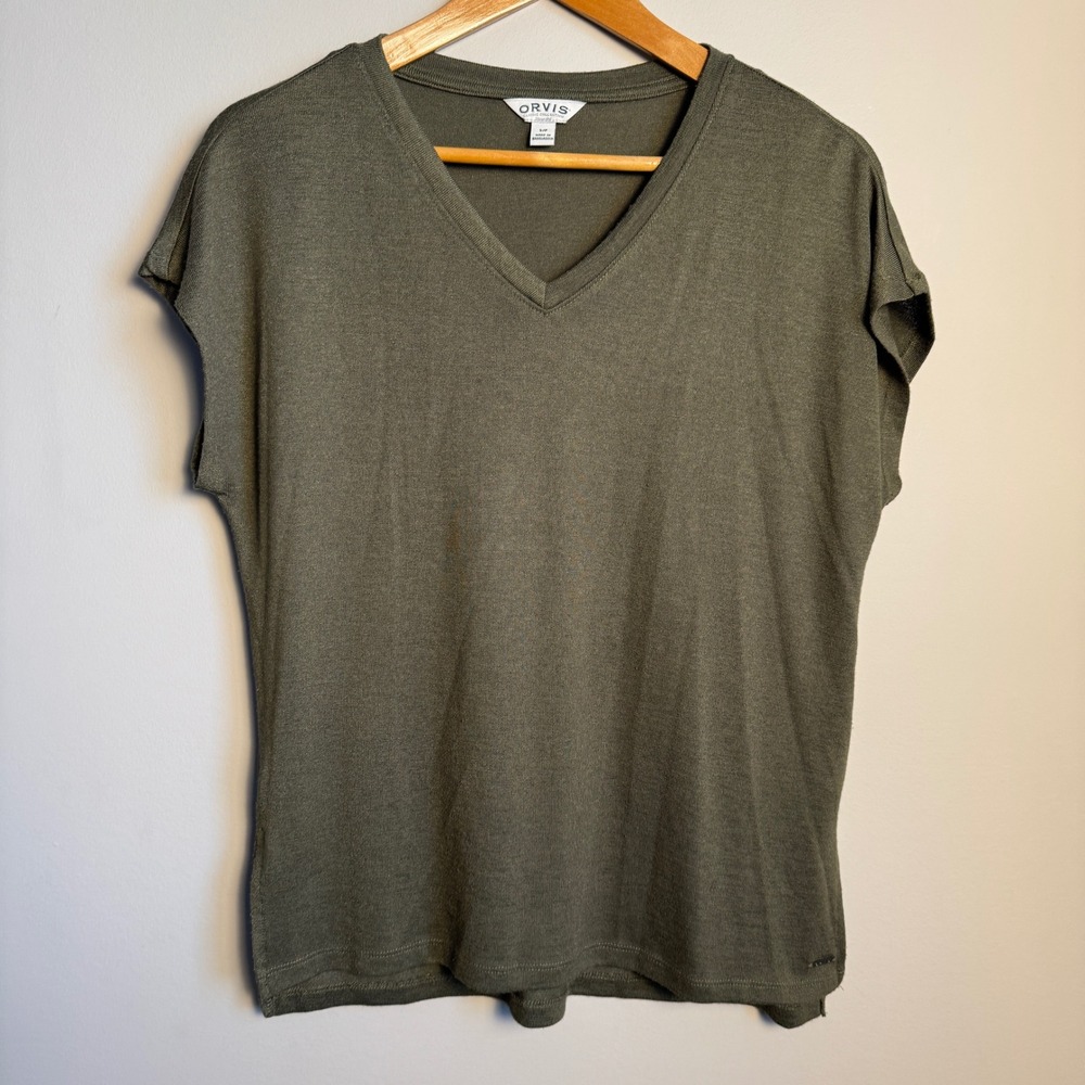ORVIS Women's V-Neck Short Sleeve T-Shirt Olive Green‎ Small Performance Casual